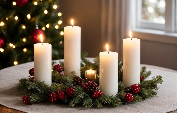 Balls, branches, lights, berries, table, candles, window, fruit
