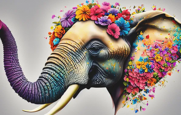 Face, flowers, elephant, painting, imitation painting, AI art, neural network