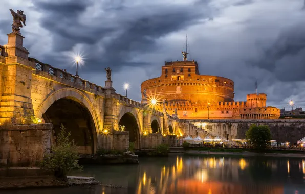 Clouds, bridge, the city, river, stones, the evening, lighting, Rome