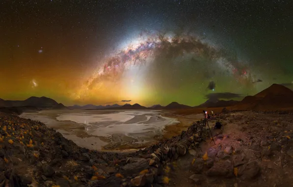 The sky, mountains, night, stones, shore, The milky way, photographer, pond