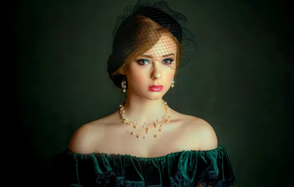 Girl, retro, Shine, portrait, makeup, dress, pearl, sponge