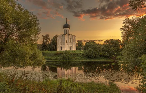 Picture landscape, sunset, nature, reflection, river, the evening, Church, Nerl