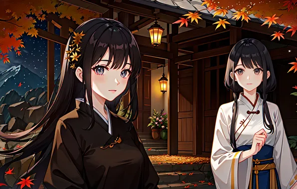 House, girls, anime, lantern, kimono, digital art, terrace, digital art