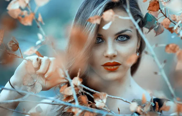 Look, branches, model, hand, portrait, makeup, brunette, hairstyle