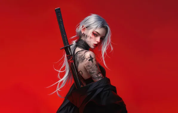 Picture Girl, Tattoo, Katana, Horn, Red Background, Anime Girl, AI Generated
