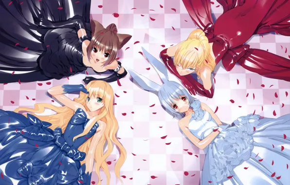 Petals, Alice in Wonderland, black dress, red dress, white dress, long hair, art, alice
