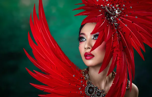 Picture girl, feathers, makeup, Chakrit Chanpen