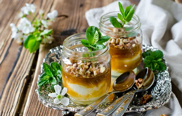 Flowers, honey, nuts, mint, dessert, twigs, spoon, yogurt