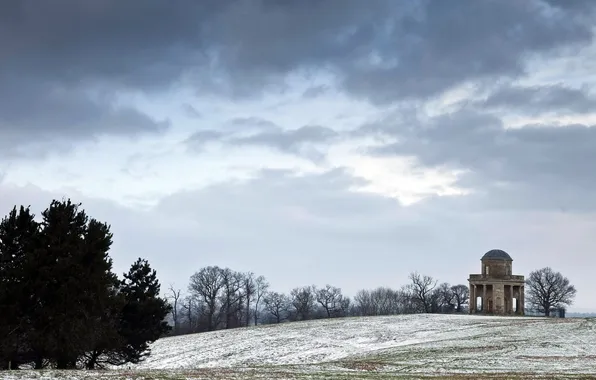 Field, the sky, landscape, building