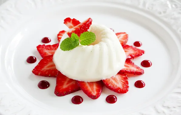 The sweetness, plate, mint, dessert, slices, jam, strawberry