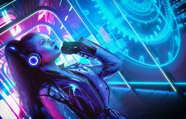 Girl, Music, Neon, Background, Neon, Cyber, Cyberpunk, Synth