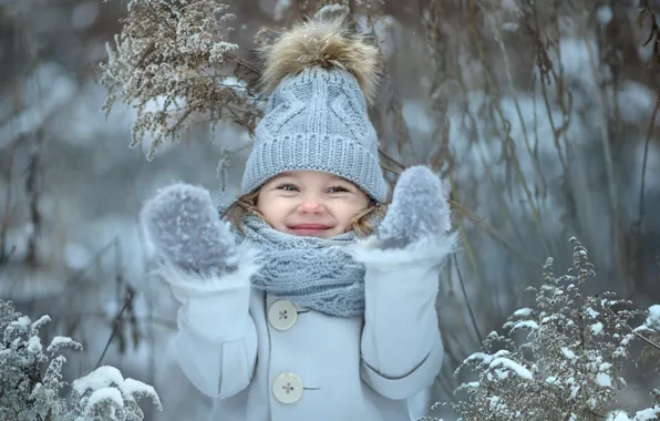 Picture winter, happiness, smile, hat, girl, mittens