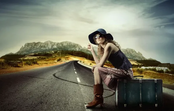 Road, girl, mountains, suitcase