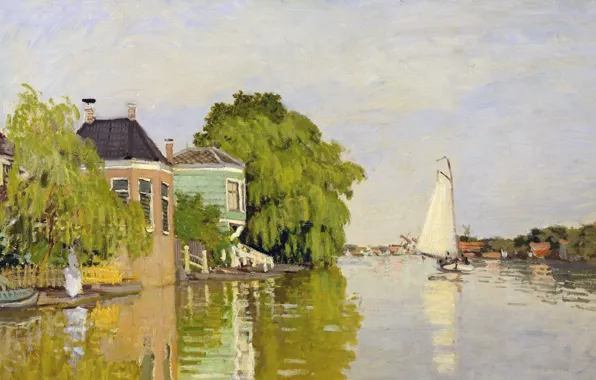 Picture landscape, boat, picture, sail, Claude Monet, Houses on the Achterzaan