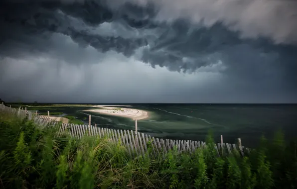 Sea, clouds, shore, the fence