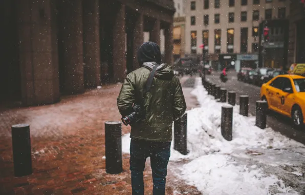 Winter, snow, back, New York, the hood, the camera, lens, taxi