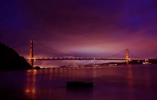 Picture road, the sky, water, the sun, bridge, the city, lights, dawn