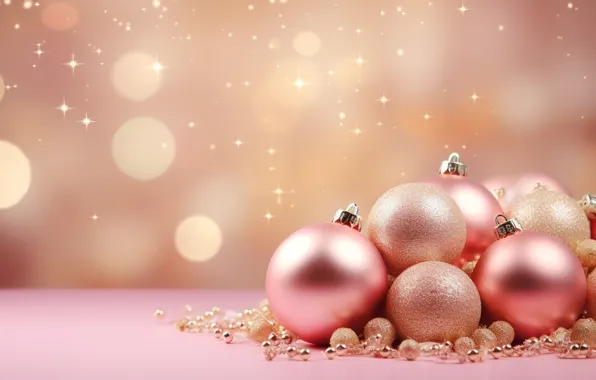 Decoration, background, pink, balls, New Year, Christmas, golden, new year