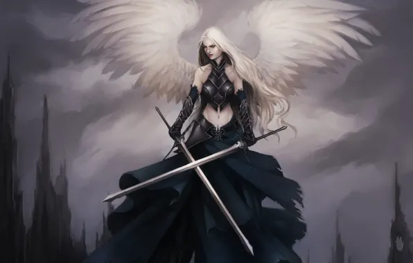Picture girl, weapons, rocks, wings, angel, sword, feathers, art