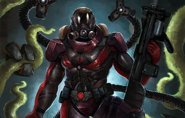 Warrior, art, tentacles, armor, We Have Drop Bogdan, weapons. monster