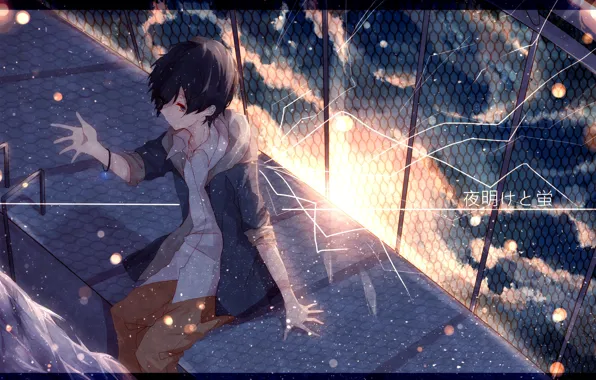 Picture the sky, the sun, clouds, sunset, the fence, anime, art, guy