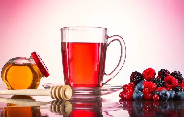 Berries, background, tea, mug, honey, jar