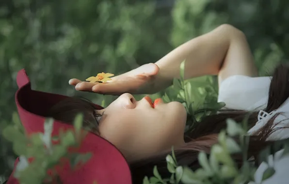 Picture flower, girl, hat, Asian, palm