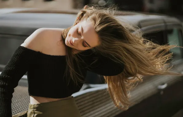 Pose, smile, gesture, long hair, beautiful girl, black top, a gust of wind, bare shoulders