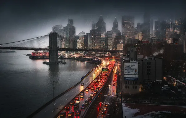 Picture road, light, bridge, the city, rain, home, the evening, new York