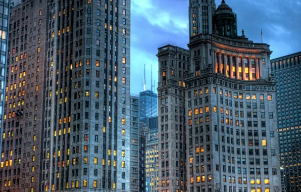 Lights, building, skyscrapers, the evening, USA, America, Chicago, Chicago