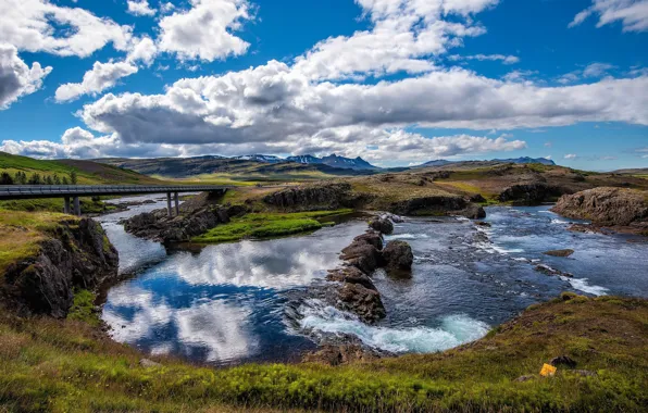 Summer, the sky, clouds, river, Iceland