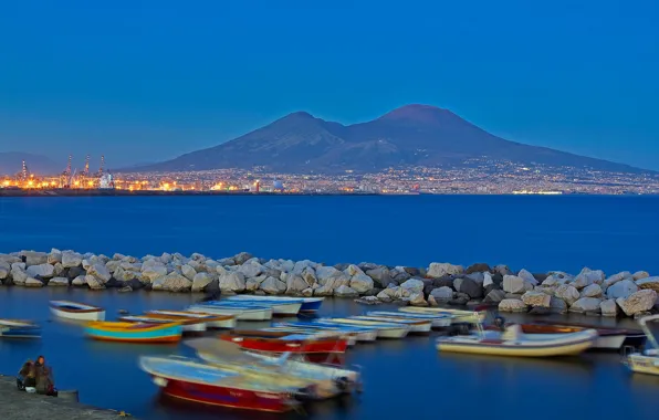 Picture mountains, lights, Italy, Bay, Naples, Vesuvius, Campaign