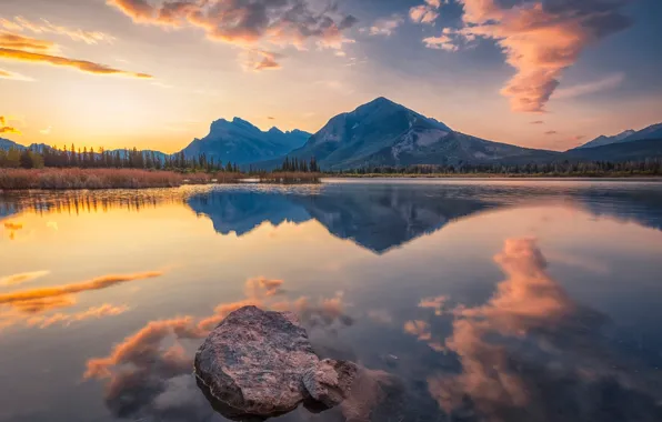 Sunset, mountains, lake, reflection, stone, Canada, Albert, Banff National Park