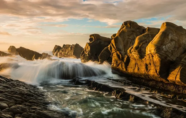 Sea, wave, the sky, the sun, clouds, light, landscape, stones