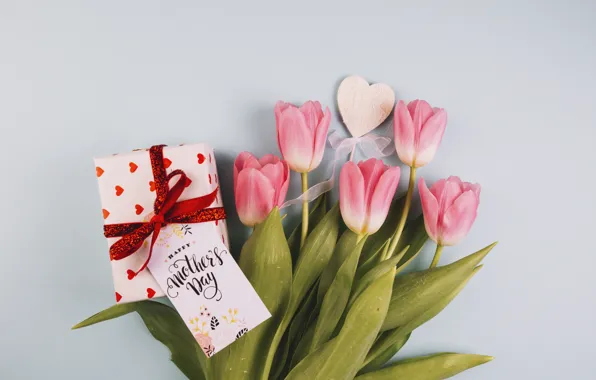 Gift, bouquet, tulips, heart, postcard