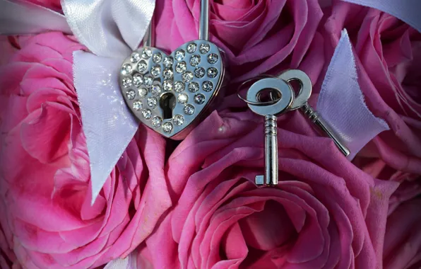 Flowers, tape, castle, roses, bouquet, rhinestones, pink, keys