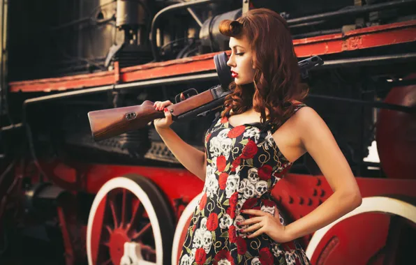 Picture look, girl, style, retro, weapons, background, the engine, modern