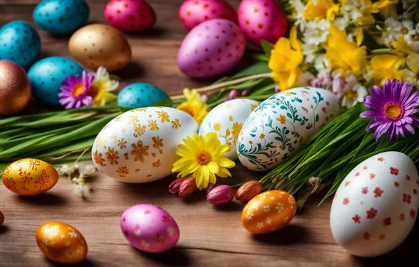 Flowers, eggs, spring, colorful, Easter, happy, flowers, spring
