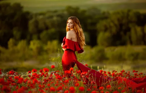 Picture look, girl, flowers, pose, Maki, red dress, shoulder, long hair