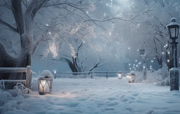 Winter, snow, trees, snowflakes, night, lights, Park, street