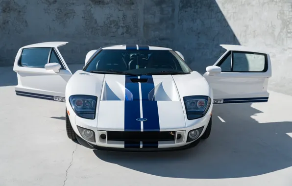 White, Supercar, The front, American car, Blue stripes, 2005 Ford GT