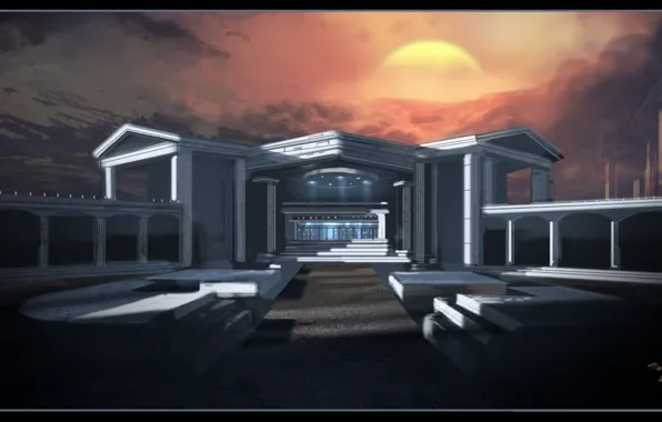 The sky, the sun, mountains, the building, Architecture Study