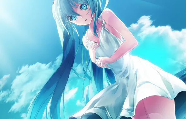 The sky, clouds, anime, art, hatsune miku, vocaloid. girl