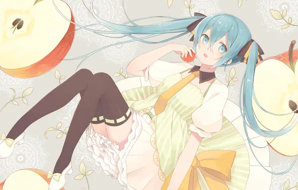Picture look, girl, apples, stockings, dress, blush, vocaloid, hatsune miku