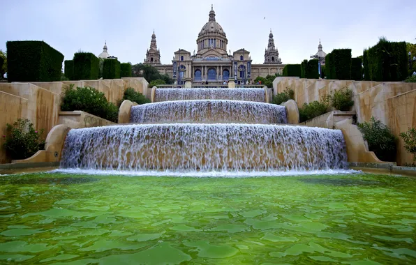 Water, Spain, Barcelona, Catalonia, cascades, national Palace, Museum of art