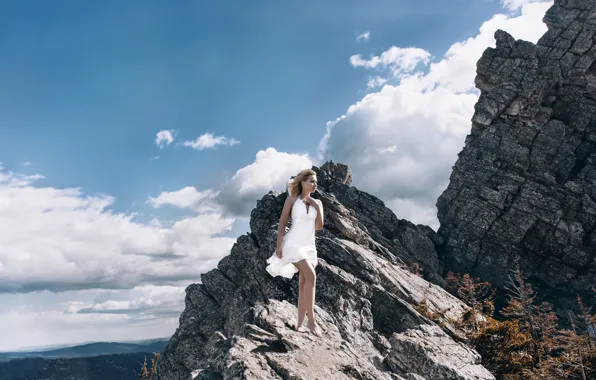 Picture look, girl, clouds, pose, model, mountain, portrait, blonde