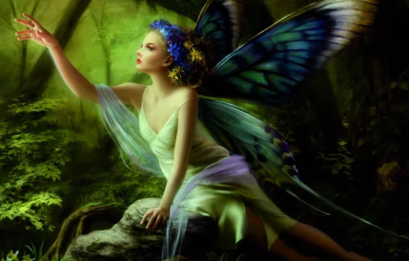 Picture forest, girl, butterfly, flowers, stone, hand, wings, fairy