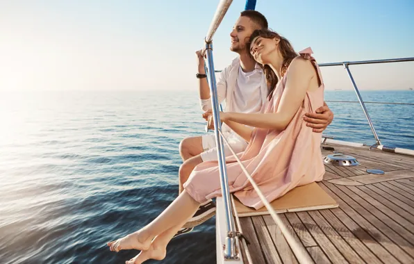 Sea, water, girl, happiness, smile, hugs, boat, guy