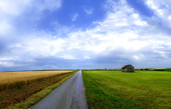 Road, field, the sky, house, beauty, widescreen Wallpaper