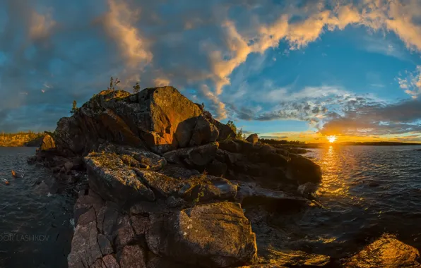 Picture sunset, rocks, Lake Ladoga, Karelia, photographer Fedor Lashkov